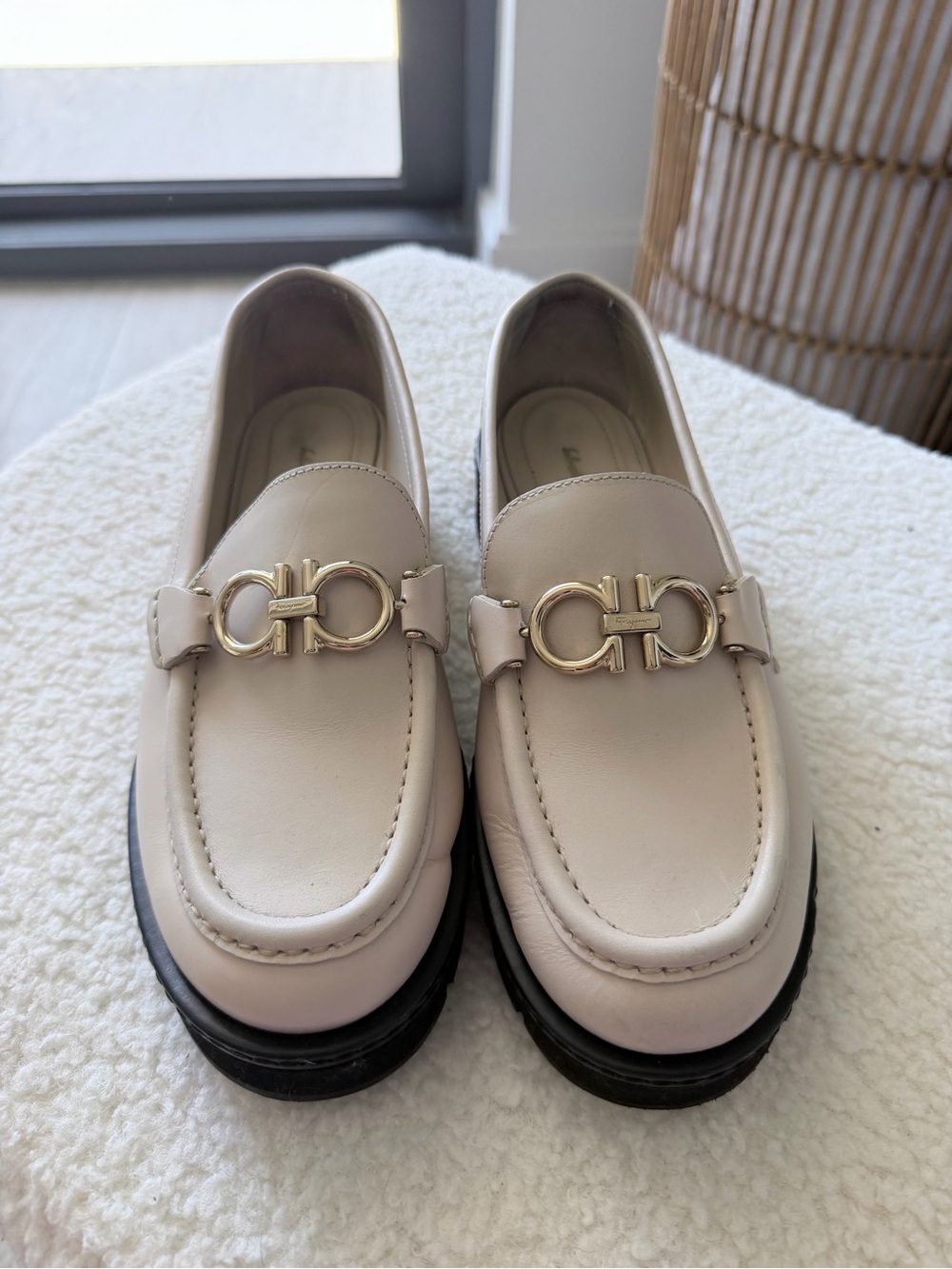 Salvatore Ferragamo Cream Leather Loafers with Gold Gancini
